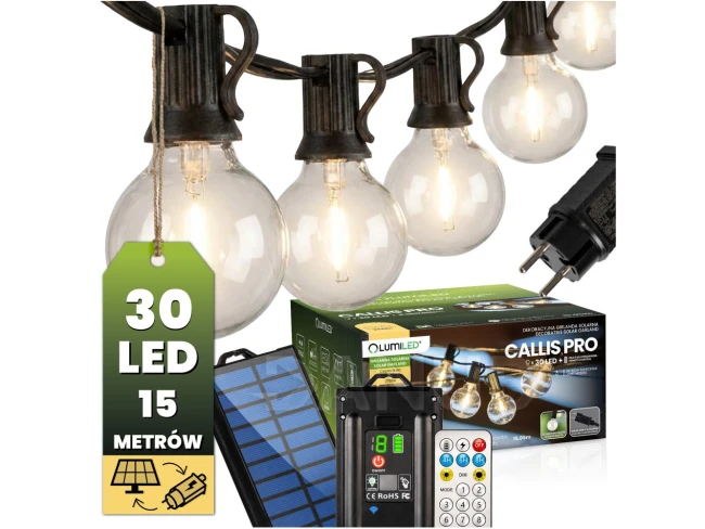Solární zahradní girlanda 30x LED dekorační kuličky 15, 05m 2700K teplá bílá + dálkové Lumiled
