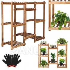 Dřevěný stojan na květiny s 8 policemi - 70cm - tmavě hnědá/antický efekt