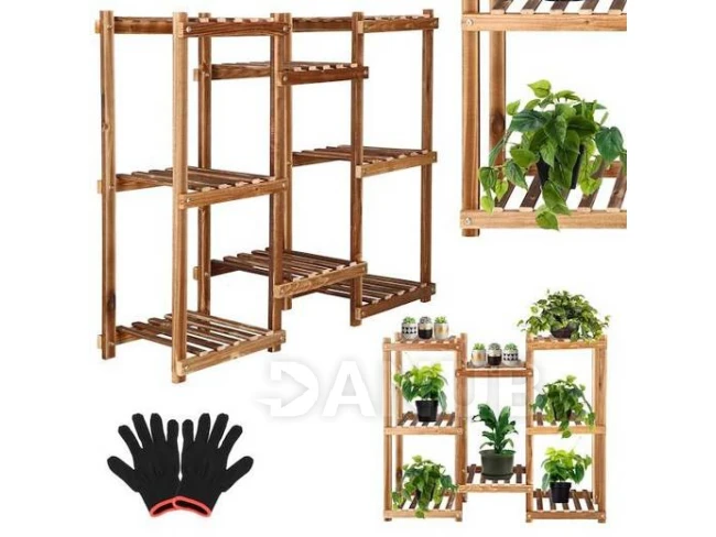 Dřevěný stojan na květiny s 8 policemi - 70cm - tmavě hnědá/antický efekt