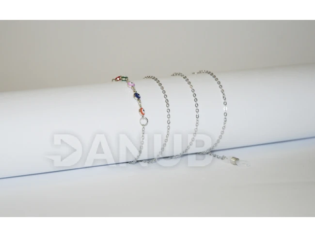 Řetízek na brýle - stříbrný + barevná oka - 75 cm