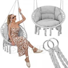 Houpací křeslo s třásněmi - šedé + světle šedý polštář