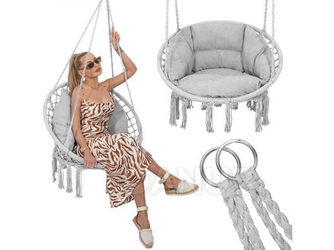 Houpací křeslo s třásněmi - šedé + světle šedý polštář