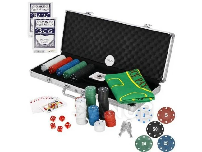 Pokerový set - kufřík + 500 žetonů + kostky + podložka