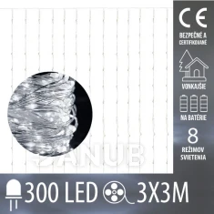 Vánoční led světelná záclona na baterie vnější - 300 led - programy - ovladač - 3x3m - studená bílá