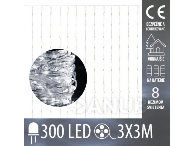 Vánoční led světelná záclona na baterie vnější - 300 led - programy - ovladač - 3x3m - studená bílá