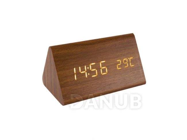 Digitální budík s LED displejem, hnědé dřevo