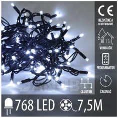 Vánoční led světelný řetěz cluster venkovní s časovačem + programator + dálkový ovladač - 768led - 7,5m studená bílá