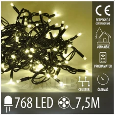 Vánoční led světelný řetěz cluster venkovní s časovačem + programator + dálkový ovladač - 768led - 7,5m teplá bílá