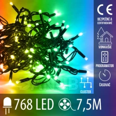 Vánoční led světelný řetěz cluster venkovní s časovačem + programator + dálkový ovladač - 768led - 7,5m multicolour