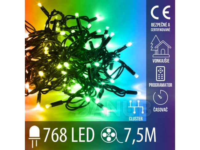 Vánoční led světelný řetěz cluster venkovní s časovačem + programator + dálkový ovladač - 768led - 7,5m multicolour Vánoční led světelný řetěz cluster venkovní s časovačem + programator + dálkový ovladač - 768led - 7,5m multicolour