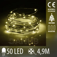 Vánoční LED světelná mikro řetěz vnitřní na baterie - 50LED - 4,90M Teplá bílá