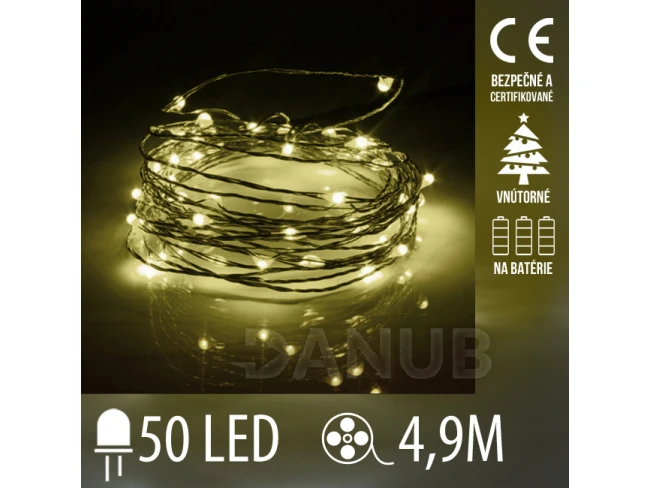 Vánoční LED světelná mikro řetěz vnitřní na baterie - 50LED - 4,90M Teplá bílá