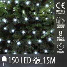 Vánoční led světelný řetěz vnější - DOT LED - 150 led - 15m - programy, časovač - studená bílá