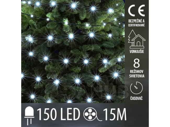 Vánoční led světelný řetěz vnější - DOT LED - 150 led - 15m - programy, časovač - studená bílá