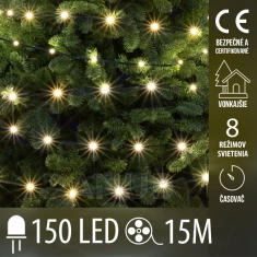 Vánoční led světelný řetěz vnější - DOT LED - 150 led - 15m - programy, časovač - teplá bílá