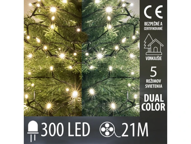 Vánoční led světelný řetěz vnější DUAL COLOR - 2v1 - programy - 300led - 21m - teplá bílá/studená bílá Vánoční led světelný řetěz vnější DUAL COLOR - 2v1 - programy - 300led - 21m - teplá bílá/studená bílá
