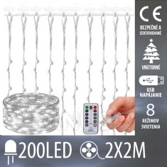Vánoční led světelná záclona vnitřní USB - 200 led - programy - ovladač - 2x2m - studená bílá