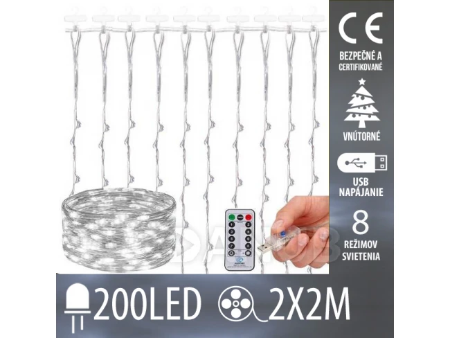 Vánoční led světelná záclona vnitřní USB - 200 led - programy - ovladač - 2x2m - studená bílá