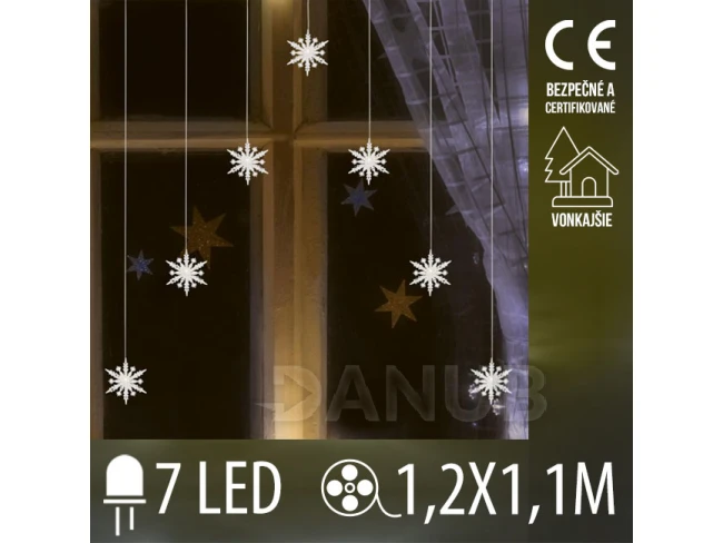 Vánoční led světelná záclona vnější - závěs - vločky - 7 led - 1,2m - teplá bílá