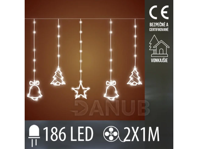 Vánoční led světelná záclona vnější - závěs - zvonek/stromeček/hvězda - 186led - 2m studená bílá