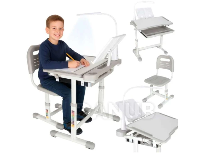 Dětský polohovatelný psací stůl se židlí - LED lampa, USB - šedý