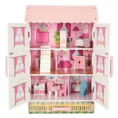 Otevírací dřevěný domeček pro panenky - růžový - 80cm