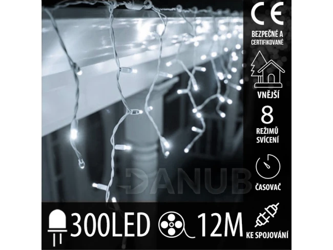 Vánoční LED světelná záclona na spojování venkovní - programy - časovač + dálkový ovladač - 300LED - 12M Studená Bílá