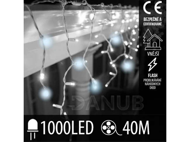 Vánoční led světelná záclona pro spojování vnější flash - 1000led - 40m - studená bílá / studená bílá