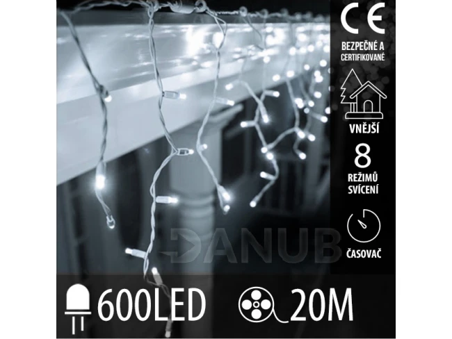 Vánoční led světelná záclona vnější - programy - časovač - 600led - 20m studená bílá