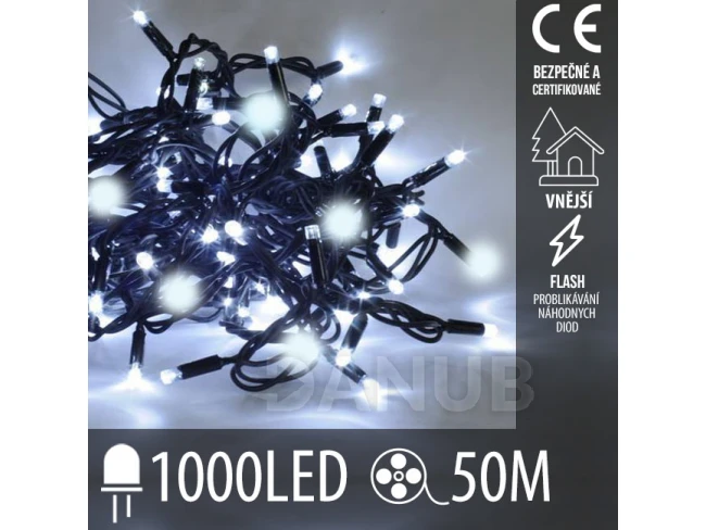Vánoční led světelný řetěz vnější FLASH - 1000led - 50m - studená bílá / studená bílá