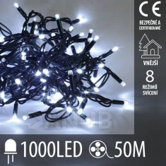 Vánoční led světelný řetěz vnější + programator - 1000led - 50m studená bílá