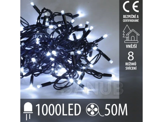 Vánoční led světelný řetěz vnější + programator - 1000led - 50m studená bílá