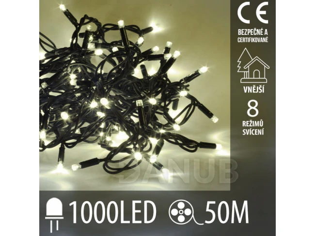 Vánoční led světelný řetěz vnější + programator - 1000led - 50m teplá bílá