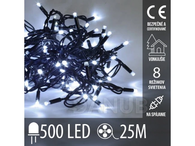 Vánoční led světelný řetěz pro spojování vnější - programy - 500led - 25m - studená bílá