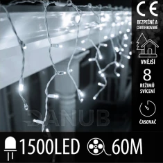 Vánoční led světelná záclona venkovní - programy - časovač + dálkový ovladač - 1500led - 60m studená bílá