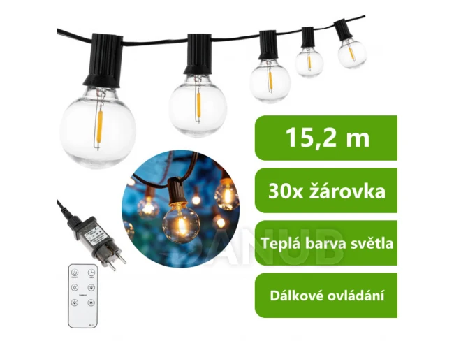 Světelná girlanda – 15,2 m – 30× LED koule 3000K – DOLLIS LUMILED + dálkové ovládání
