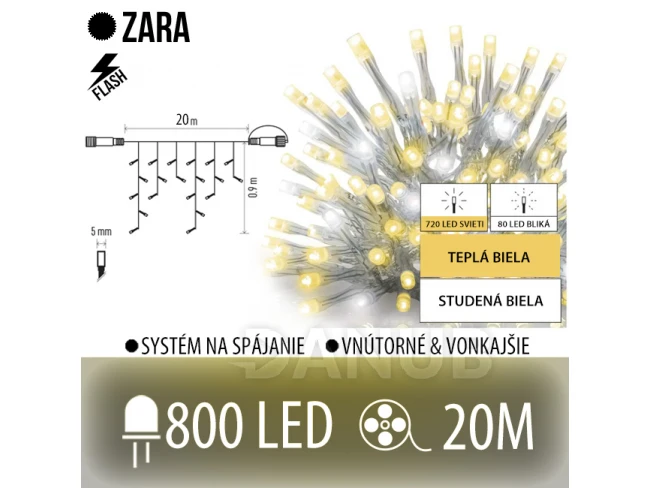 Zara led světelná záclona vnější flash - 800led - 20m teplá bílá/flash probliknutí studená bílá - transparentní kabel