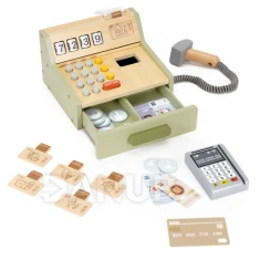 Dětská dřevěná pokladna + terminál, bankovky