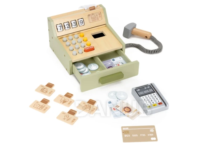 Dětská dřevěná pokladna + terminál, bankovky