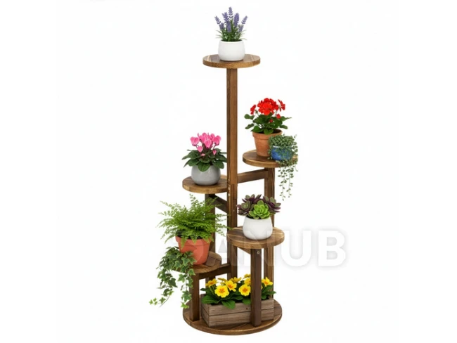 Dřevěný stojan na květiny se 6 policemi - 87 cm - hnědý