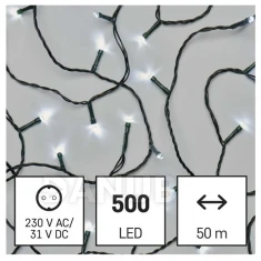LED vánoční řetěz, 50 m, vnější i vnitřní, studený bílý, programy, časovač