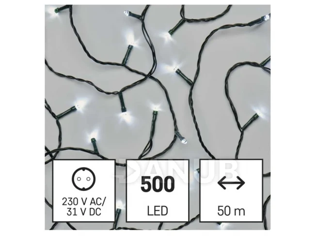 LED vánoční řetěz, 50 m, vnější i vnitřní, studený bílý, programy, časovač