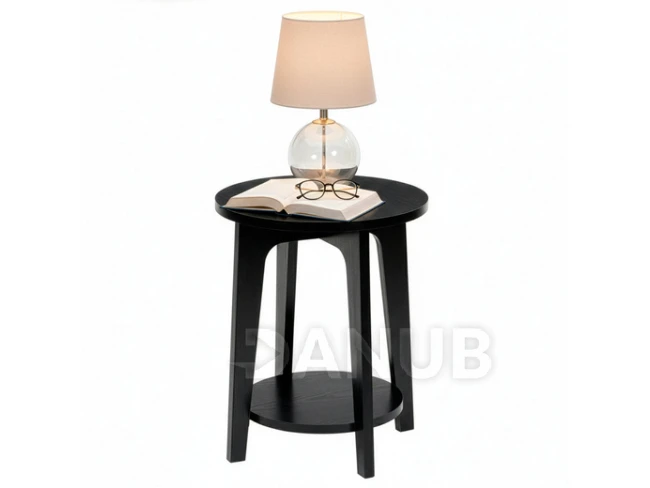 Kulatý konferenční stolek dřevěný - Ø 40 cm - s přídavnou policí - černý