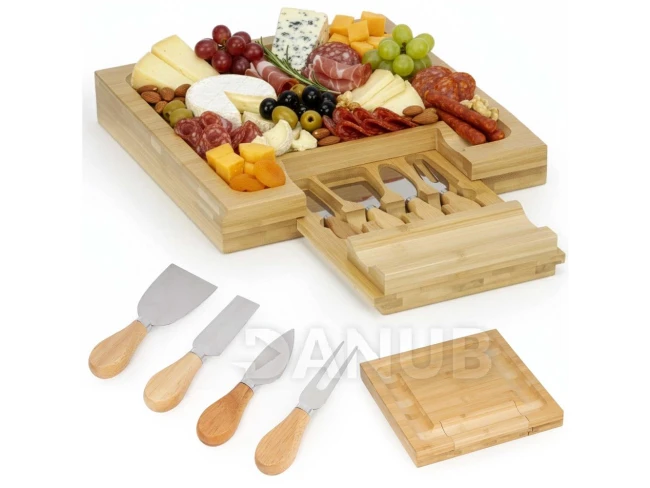 Servírovací tác na občerstvení se zásuvkou na nože - bambus - 33x33 cm