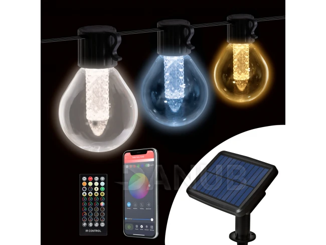 Smart solární světelný řetěz - 15 ks bílých LED - nastavitelná barevná teplota - 7,5 m - bluetooth