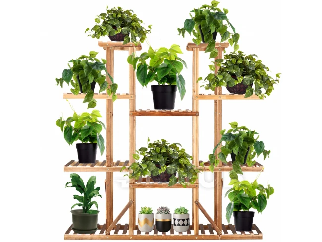 Dřevěný stojan na květiny - 115x25x116 cm - s 9 policemi, starožitné dřevo