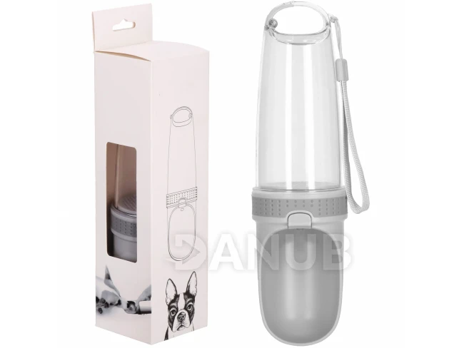 Láhev na vodu pro psy a kočky s filtrem a napajedlem, 350 ml, šedá, průhledná