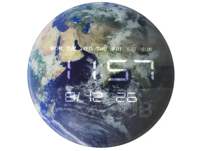 Nástěnné hodiny Planet Earth s LED displejem 32 cm modré