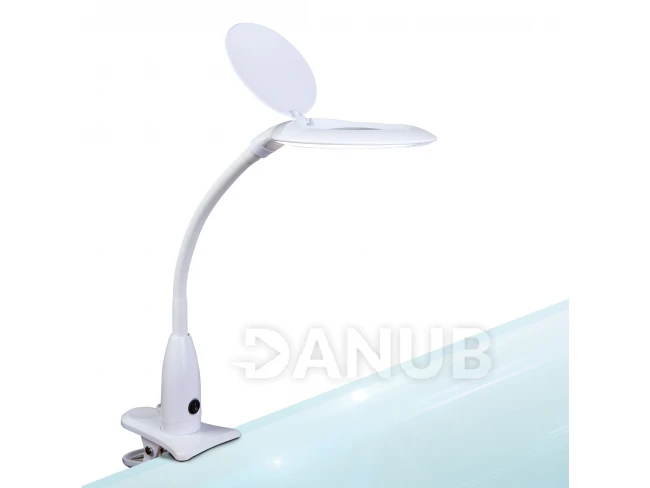 LED lampa na stůl - s lupou - kolíčkem - bílá