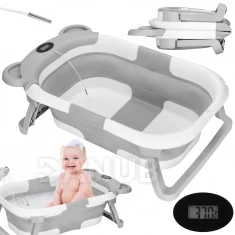 Dětská přenosná silikonová vanička - 27,5 l - se zátkou a teploměrem - bílo-šedá